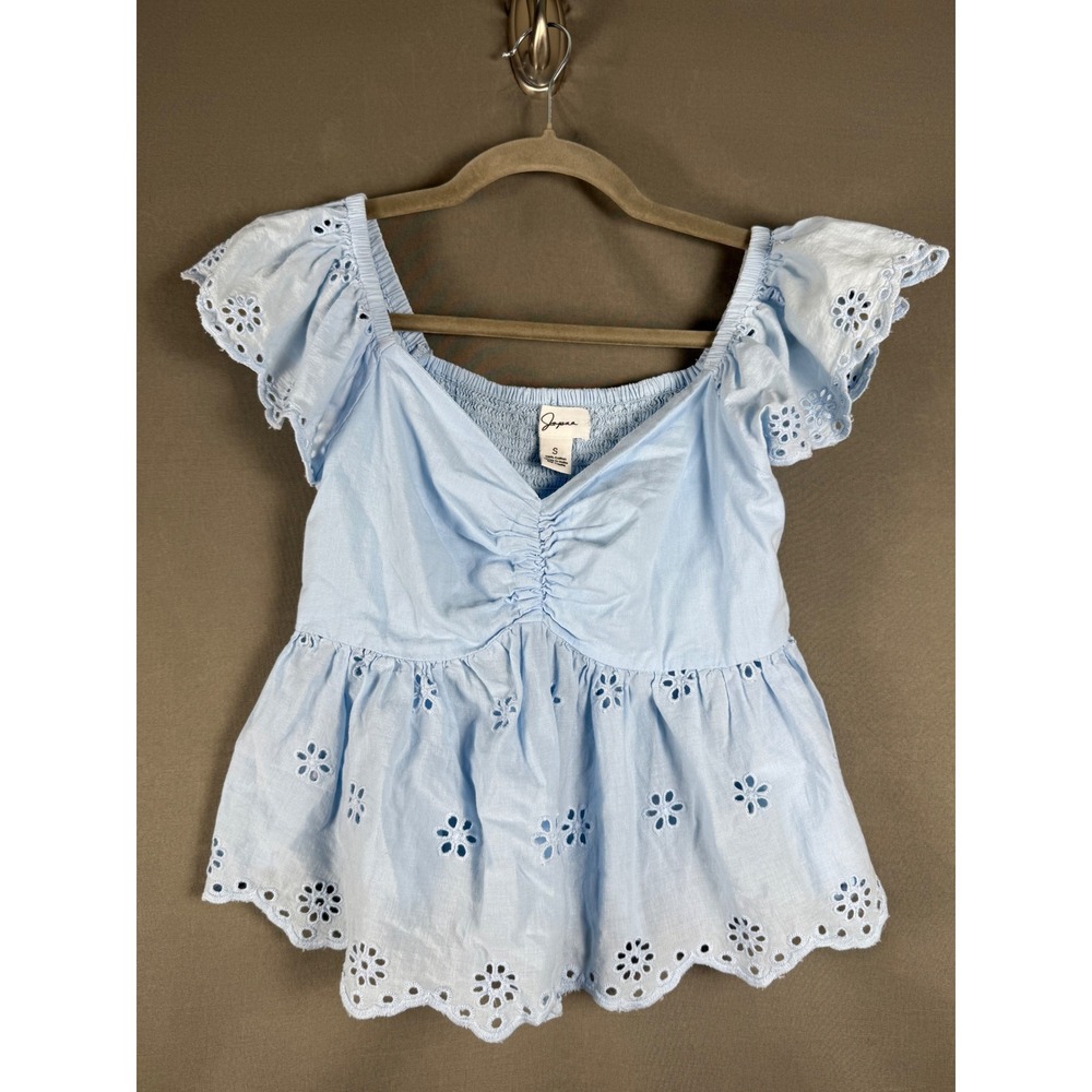 Japna Eyelet Peplum Top Womens Small Light Blue Flutter Sleeve Smocked Back